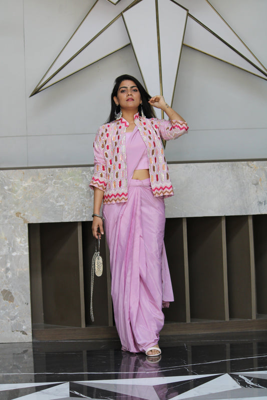 Ready To Wear Purple Pink Saree With Full Stitched Blouse And Koti
