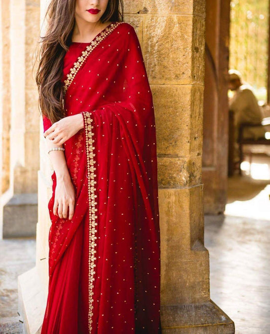 Beautiful Red Georgette Saree With Pearl Work