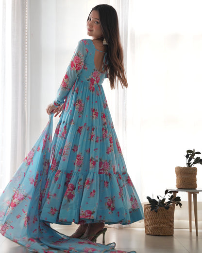 Georgette Floral Printed Anarkali With Dupatta Pant Set