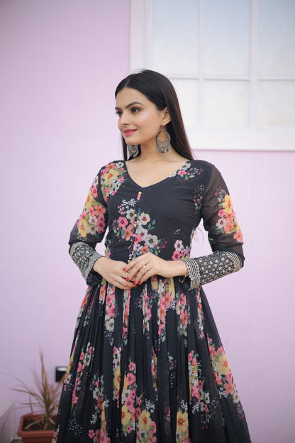 Floral Printed Georgette Gown With Embroidery Work