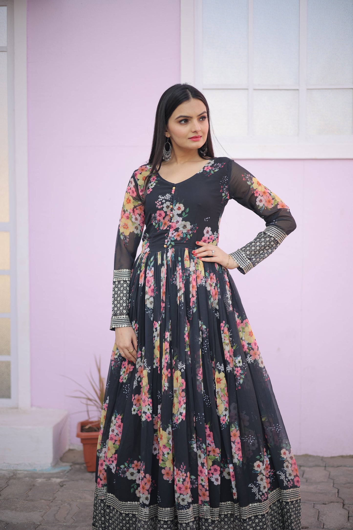 Floral Printed Georgette Gown With Embroidery Work