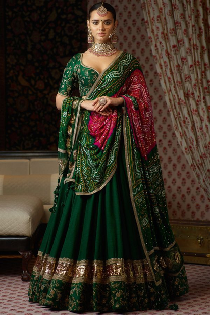 Designer dark green lehenga choli with bandhani dupatta