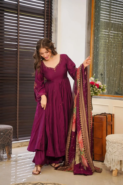 Embroidered Gown-Plazzo And Dupatta Set