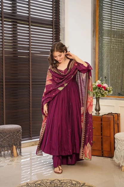 Embroidered Gown-Plazzo And Dupatta Set