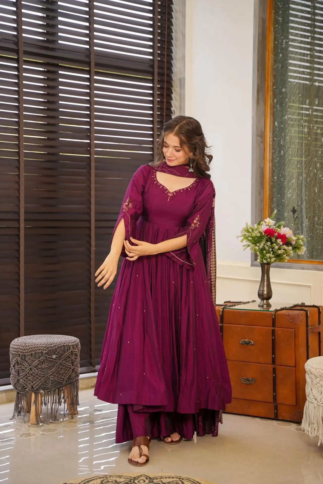 Embroidered Gown-Plazzo And Dupatta Set