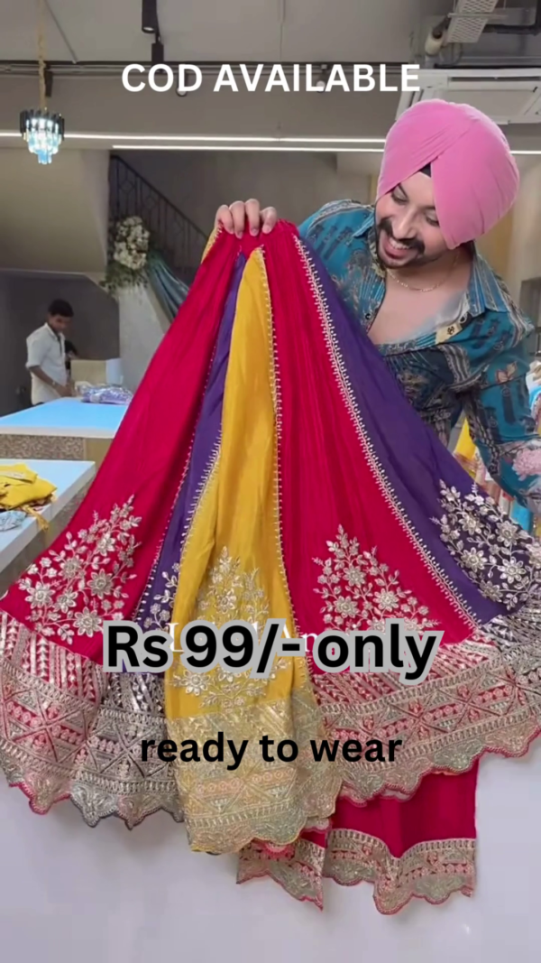 yellow kurta with multicolour lehengha set with dupatta - Image 2