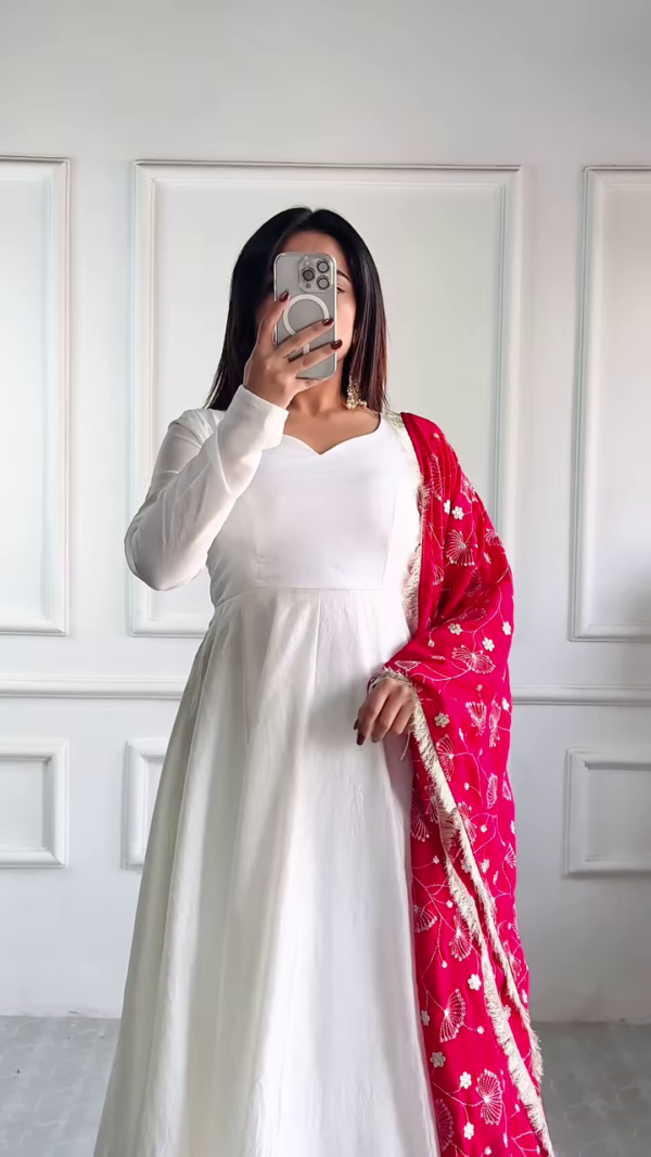 Ethereal Grace: Timeless White Anarkali with Vibrant Red Embroidered Dupatta for Effortless Elegance