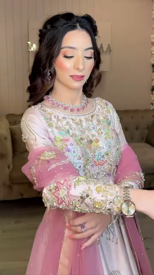 Blush Blossom Elegance: Luxurious Pastel Pink Embroidered Ensemble with Intricate Handwork
