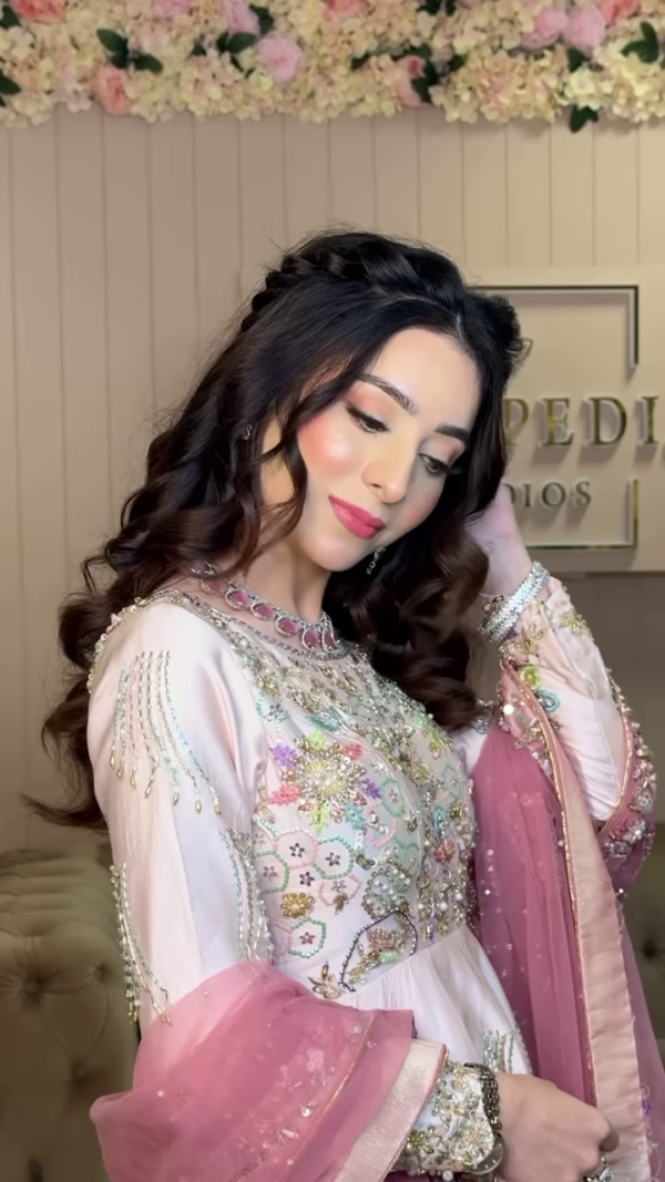 Blush Blossom Elegance: Luxurious Pastel Pink Embroidered Ensemble with Intricate Handwork - Image 2