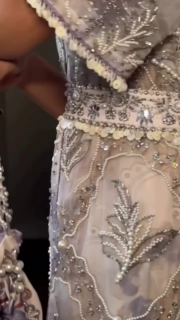 Elegant Floral Embellished Net Outfit with Pearl Detailing - Image 6