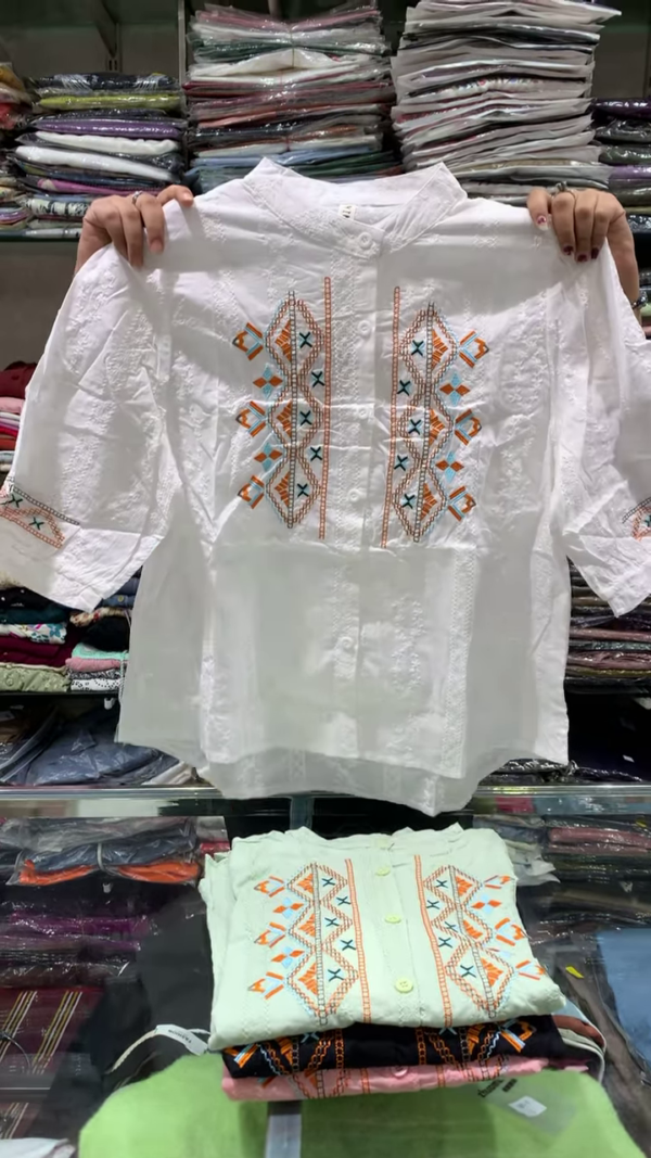 ✨ Boho Vibes – White Cotton Top with Geometric Thread Embroidery