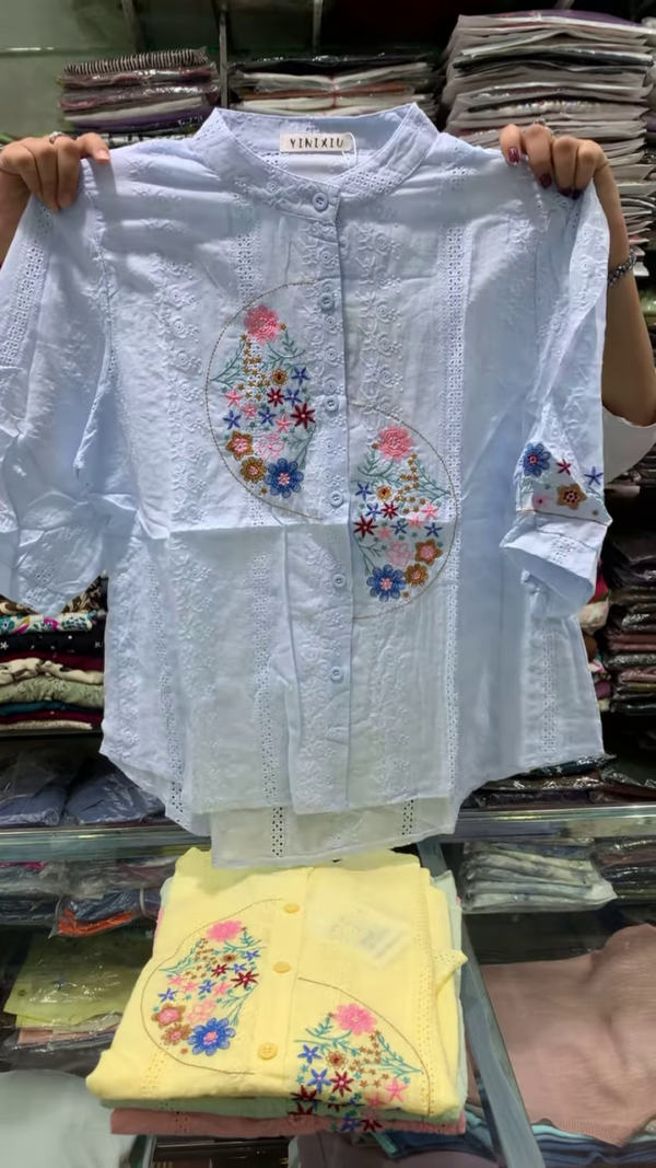 Ethereal Garden Embroidered Mandarin Collar Blouse