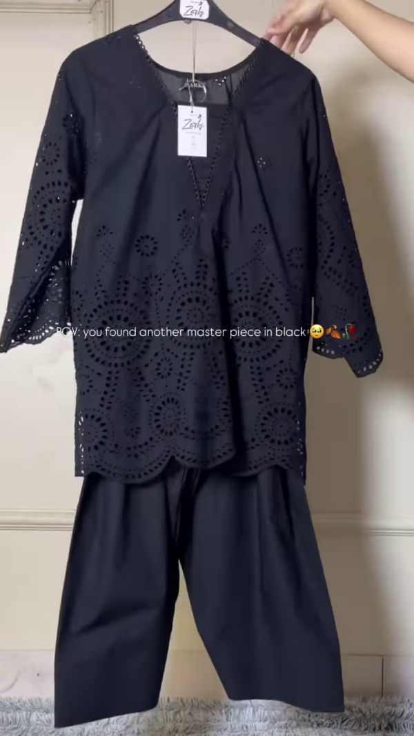 Elegant Noir Eyelet Tunic & Culotte Set - Timeless Sophistication